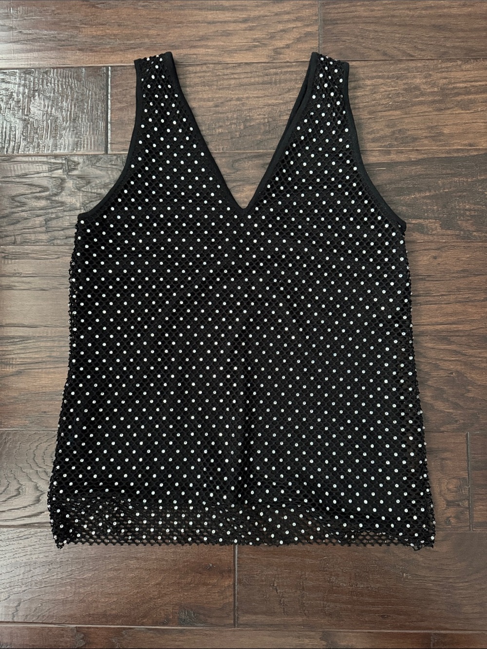 Black Sleeveless V-Neck rhinestone Mesh Tank Top